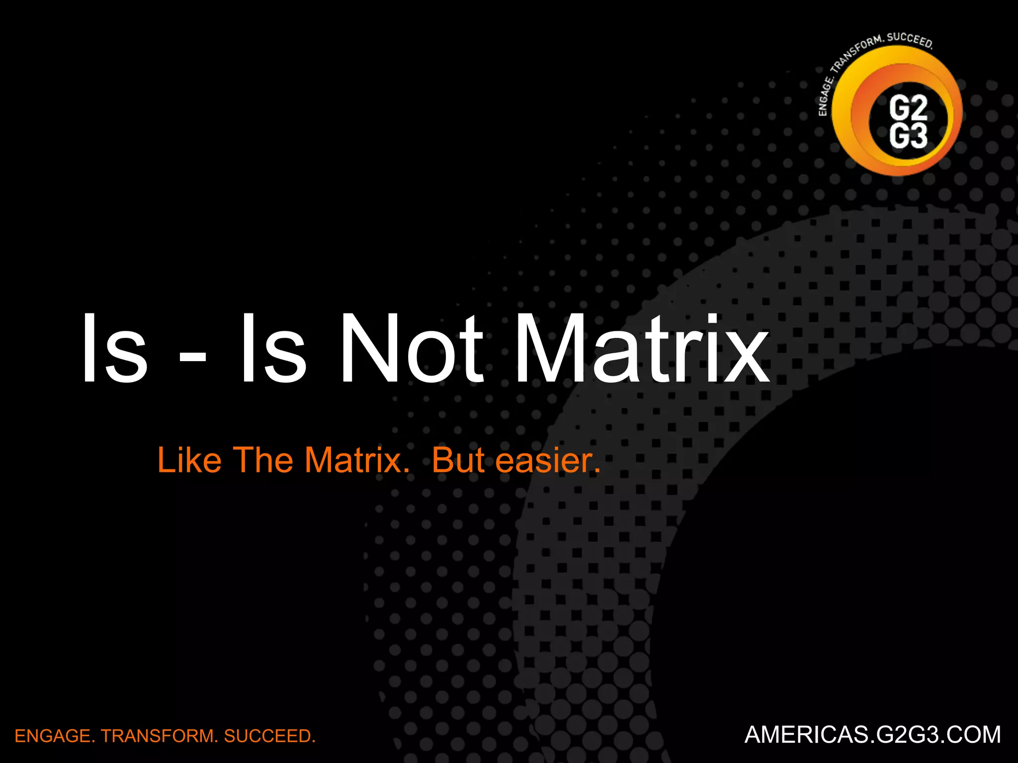 To Start 
Write down the specific problem. 
• Writing the issue helps you formalize the problem and 
describe it completely. 
• It also helps a team focus on the same problem. 
ENGAGE. TRANSFORM. SUCCEED. AMERICAS.G2G3.COM 
 