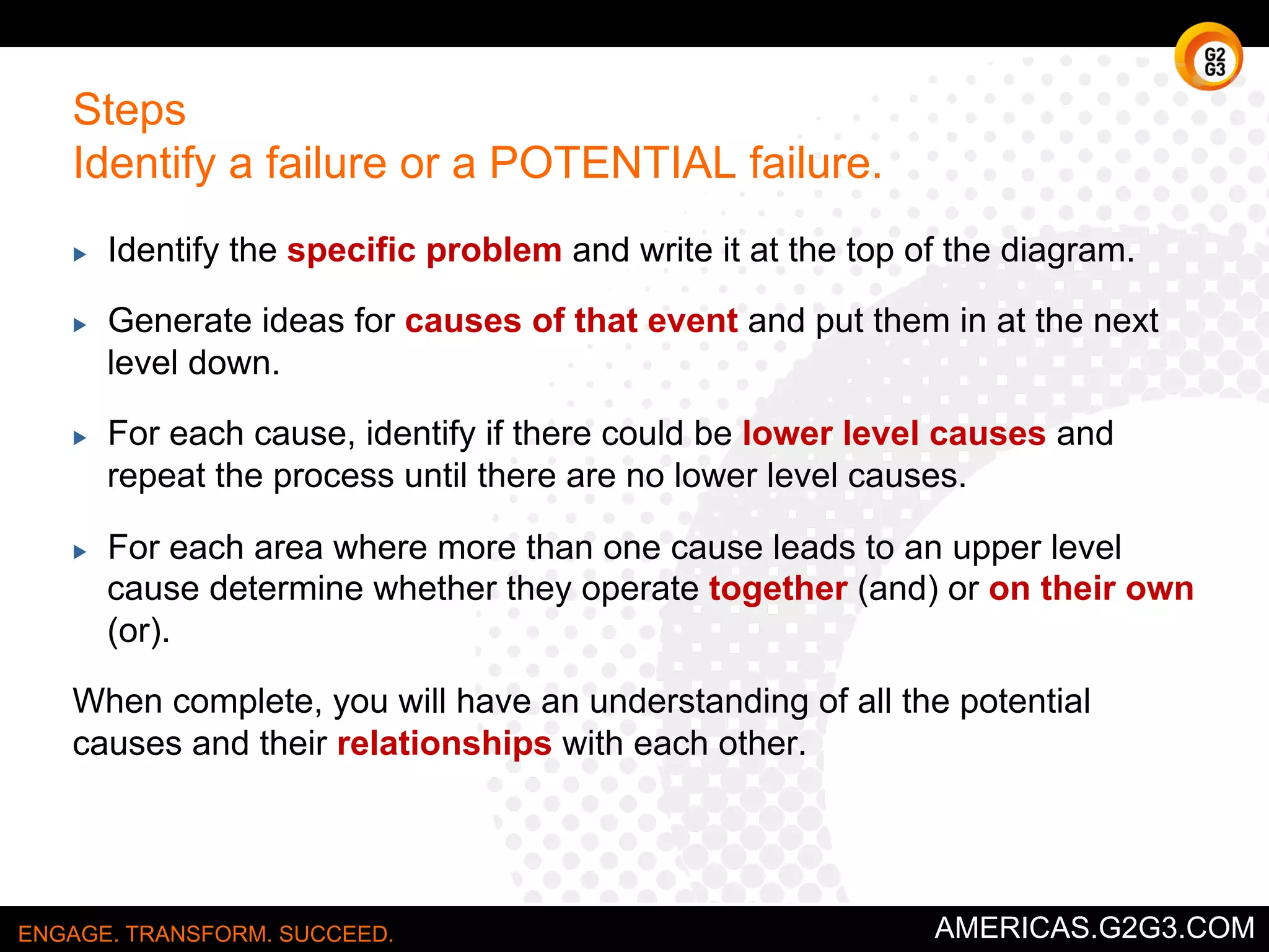 Histograms & 
Pareto Charts 
Sometimes referred to as a fishbone 
diagram or a cause-and-effect chart. 
ENGAGE. TRANSFORM. SUCCEED. AMERICAS.G2G3.COM 
 