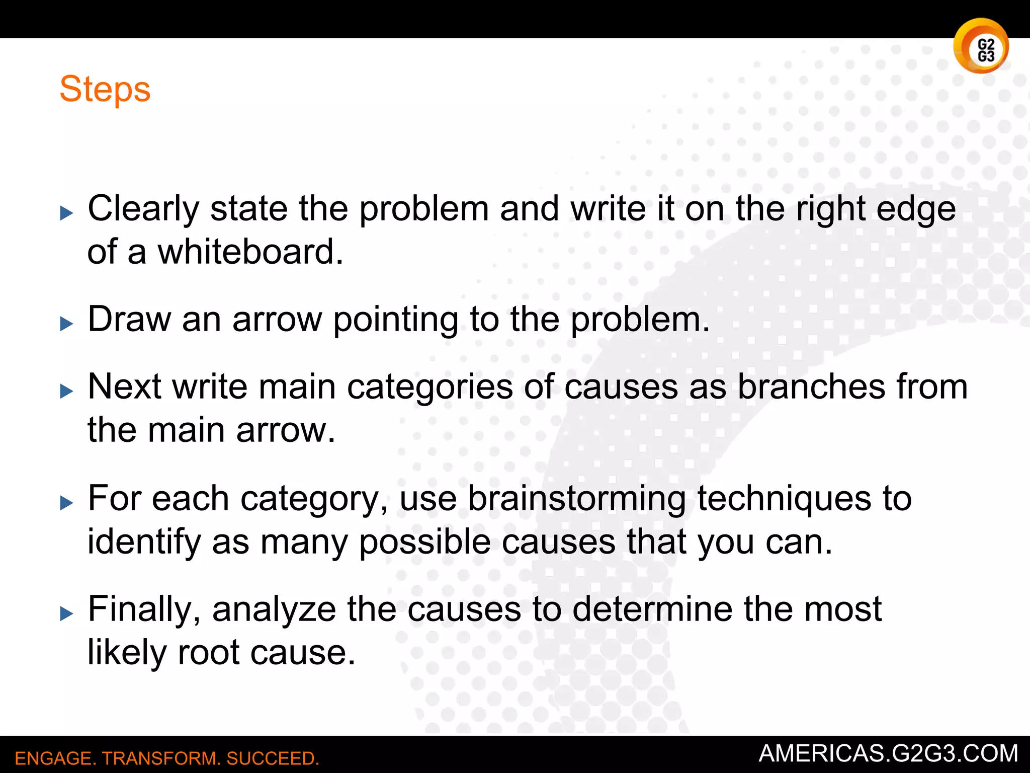 When to use. 
Best when you have a small list of items 
from which you must pick the “best” choice. 
ENGAGE. TRANSFORM. SUCCEED. AMERICAS.G2G3.COM 
 