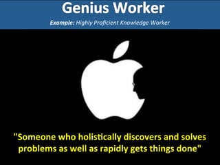  
	
  
	
  
	
  Example:	
  Highly	
  Proﬁcient	
  Knowledge	
  Worker	
  
"Someone	
  who	
  holis-cally	
  discovers	
  and	
  solves	
  
Big	
  Urgent	
  Market	
  Problems	
  (BUMPs)"	
  
 