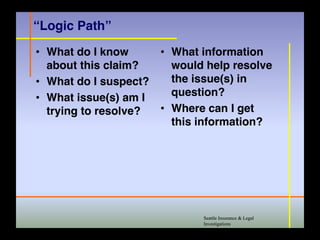 “Logic Path”
• What do I know       • What information
  about this claim?      would help resolve
• What do I suspect?     the issue(s) in
• What issue(s) am I     question?
  trying to resolve?   • Wh
                         Where can I get t
                         this information?




                              Seattle Insurance & Legal
                              Investigations
 