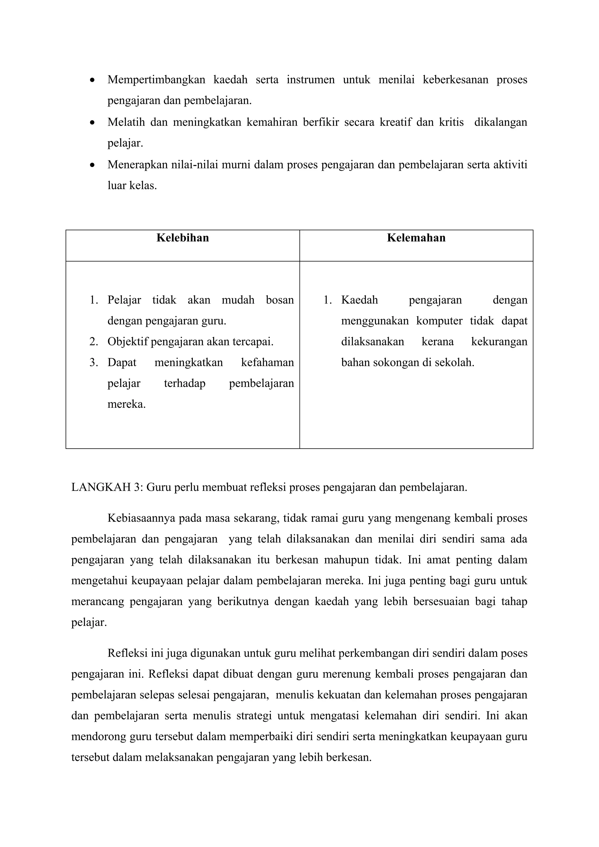       Mempertimbangkan kaedah serta instrumen untuk menilai keberkesanan proses
           pengajaran dan pembelajaran.
          Melatih dan meningkatkan kemahiran berfikir secara kreatif dan kritis dikalangan
           pelajar.
          Menerapkan nilai-nilai murni dalam proses pengajaran dan pembelajaran serta aktiviti
           luar kelas.



                      Kelebihan                                   Kelemahan




    1. Pelajar tidak akan mudah bosan                 1. Kaedah         pengajaran      dengan
           dengan pengajaran guru.                       menggunakan komputer tidak dapat
    2. Objektif pengajaran akan tercapai.                dilaksanakan     kerana     kekurangan
    3. Dapat          meningkatkan     kefahaman         bahan sokongan di sekolah.
           pelajar       terhadap    pembelajaran
           mereka.




LANGKAH 3: Guru perlu membuat refleksi proses pengajaran dan pembelajaran.

           Kebiasaannya pada masa sekarang, tidak ramai guru yang mengenang kembali proses
pembelajaran dan pengajaran yang telah dilaksanakan dan menilai diri sendiri sama ada
pengajaran yang telah dilaksanakan itu berkesan mahupun tidak. Ini amat penting dalam
mengetahui keupayaan pelajar dalam pembelajaran mereka. Ini juga penting bagi guru untuk
merancang pengajaran yang berikutnya dengan kaedah yang lebih bersesuaian bagi tahap
pelajar.

           Refleksi ini juga digunakan untuk guru melihat perkembangan diri sendiri dalam poses
pengajaran ini. Refleksi dapat dibuat dengan guru merenung kembali proses pengajaran dan
pembelajaran selepas selesai pengajaran, menulis kekuatan dan kelemahan proses pengajaran
dan pembelajaran serta menulis strategi untuk mengatasi kelemahan diri sendiri. Ini akan
mendorong guru tersebut dalam memperbaiki diri sendiri serta meningkatkan keupayaan guru
tersebut dalam melaksanakan pengajaran yang lebih berkesan.
 