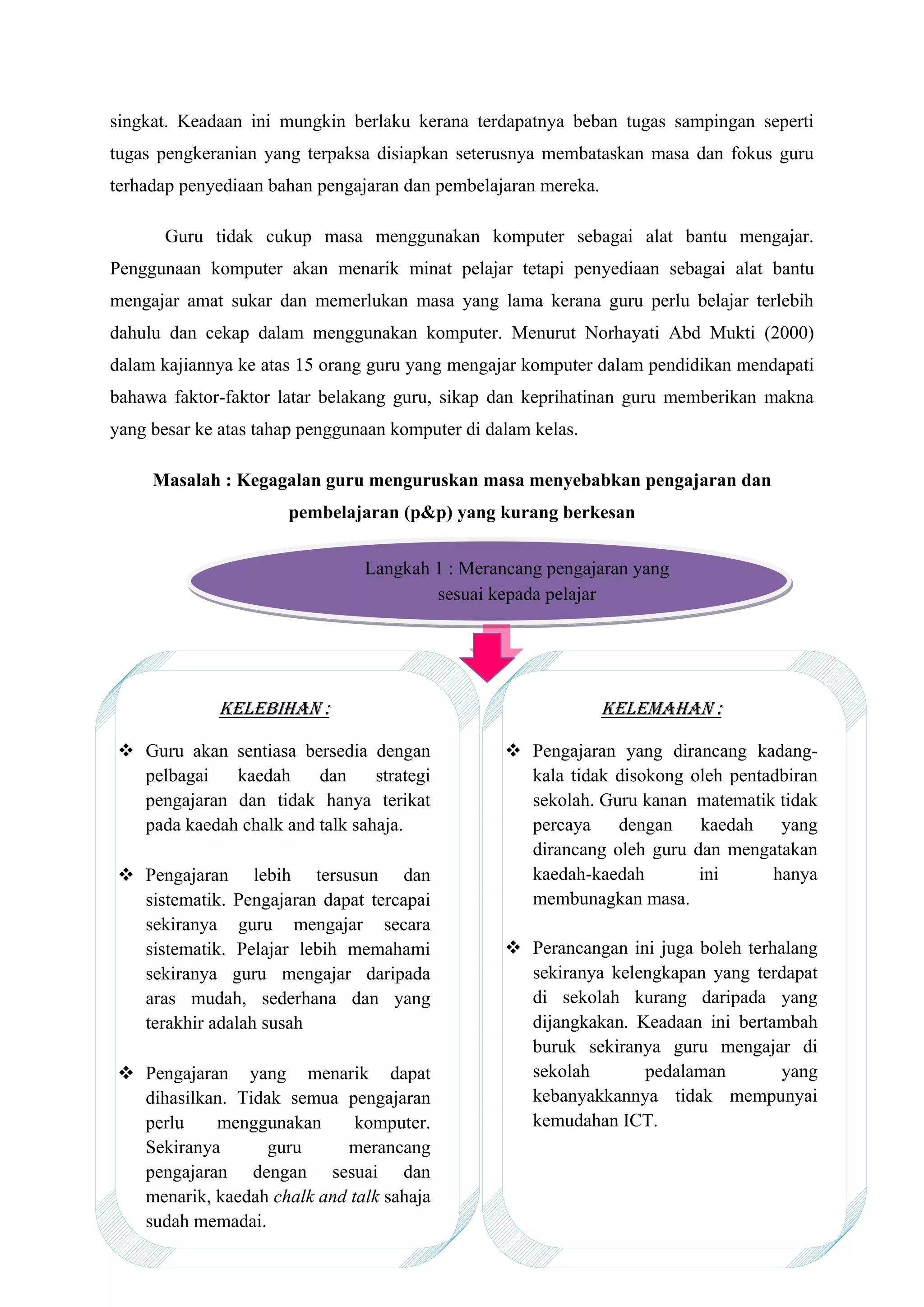 singkat. Keadaan ini mungkin berlaku kerana terdapatnya beban tugas sampingan seperti
tugas pengkeranian yang terpaksa disiapkan seterusnya membataskan masa dan fokus guru
terhadap penyediaan bahan pengajaran dan pembelajaran mereka.

       Guru tidak cukup masa menggunakan komputer sebagai alat bantu mengajar.
Penggunaan komputer akan menarik minat pelajar tetapi penyediaan sebagai alat bantu
mengajar amat sukar dan memerlukan masa yang lama kerana guru perlu belajar terlebih
dahulu dan cekap dalam menggunakan komputer. Menurut Norhayati Abd Mukti (2000)
dalam kajiannya ke atas 15 orang guru yang mengajar komputer dalam pendidikan mendapati
bahawa faktor-faktor latar belakang guru, sikap dan keprihatinan guru memberikan makna
yang besar ke atas tahap penggunaan komputer di dalam kelas.

     Masalah : Kegagalan guru menguruskan masa menyebabkan pengajaran dan
                      pembelajaran (p&p) yang kurang berkesan


                                Langkah 1 : Merancang pengajaran yang
                                        sesuai kepada pelajar




             Kelebihan :                                        Kelemahan :

 Guru akan sentiasa bersedia dengan               Pengajaran yang dirancang kadang-
  pelbagai   kaedah     dan     strategi            kala tidak disokong oleh pentadbiran
  pengajaran dan tidak hanya terikat                sekolah. Guru kanan matematik tidak
  pada kaedah chalk and talk sahaja.                percaya    dengan    kaedah    yang
                                                    dirancang oleh guru dan mengatakan
 Pengajaran lebih tersusun dan                     kaedah-kaedah        ini      hanya
  sistematik. Pengajaran dapat tercapai             membunagkan masa.
  sekiranya guru mengajar secara
  sistematik. Pelajar lebih memahami               Perancangan ini juga boleh terhalang
  sekiranya guru mengajar daripada                  sekiranya kelengkapan yang terdapat
  aras mudah, sederhana dan yang                    di sekolah kurang daripada yang
  terakhir adalah susah                             dijangkakan. Keadaan ini bertambah
                                                    buruk sekiranya guru mengajar di
 Pengajaran yang menarik dapat                     sekolah       pedalaman        yang
  dihasilkan. Tidak semua pengajaran                kebanyakkannya tidak mempunyai
  perlu    menggunakan       komputer.              kemudahan ICT.
  Sekiranya       guru     merancang
  pengajaran dengan sesuai dan
  menarik, kaedah chalk and talk sahaja
  sudah memadai.
 