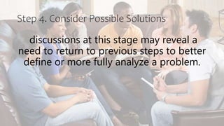 Step 4. Consider Possible Solutions
discussions at this stage may reveal a
need to return to previous steps to better
define or more fully analyze a problem.
 