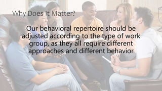 Why Does It Matter?
Our behavioral repertoire should be
adjusted according to the type of work
group, as they all require different
approaches and different behavior
 