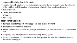• Informed(Heuristic) Search Strategies
• Informed search strategy is one that uses problem-specific knowledge beyond the definition
of the problem itself. It can find solutions more efficiently than uninformed strategy.
• Best-first search
• Greedy Best-first search
• A* Search
• AO* Search
Best-First Search:
• It always selects the path which appears best at that moment.
• It is combination of DFS and BFS
• It uses the heuristics function h(n)<=h*(n) and search h (n) = heuristic cost; h* (n)=estimated
cost.
• The greedy best first algorithm is implemented by priority queue.
• The node with lowest evaluation is selected for expansion, because the evaluation measures
the distance to the goal.
 