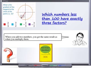 Which numbers less
than 100 have exactly
three factors?
 