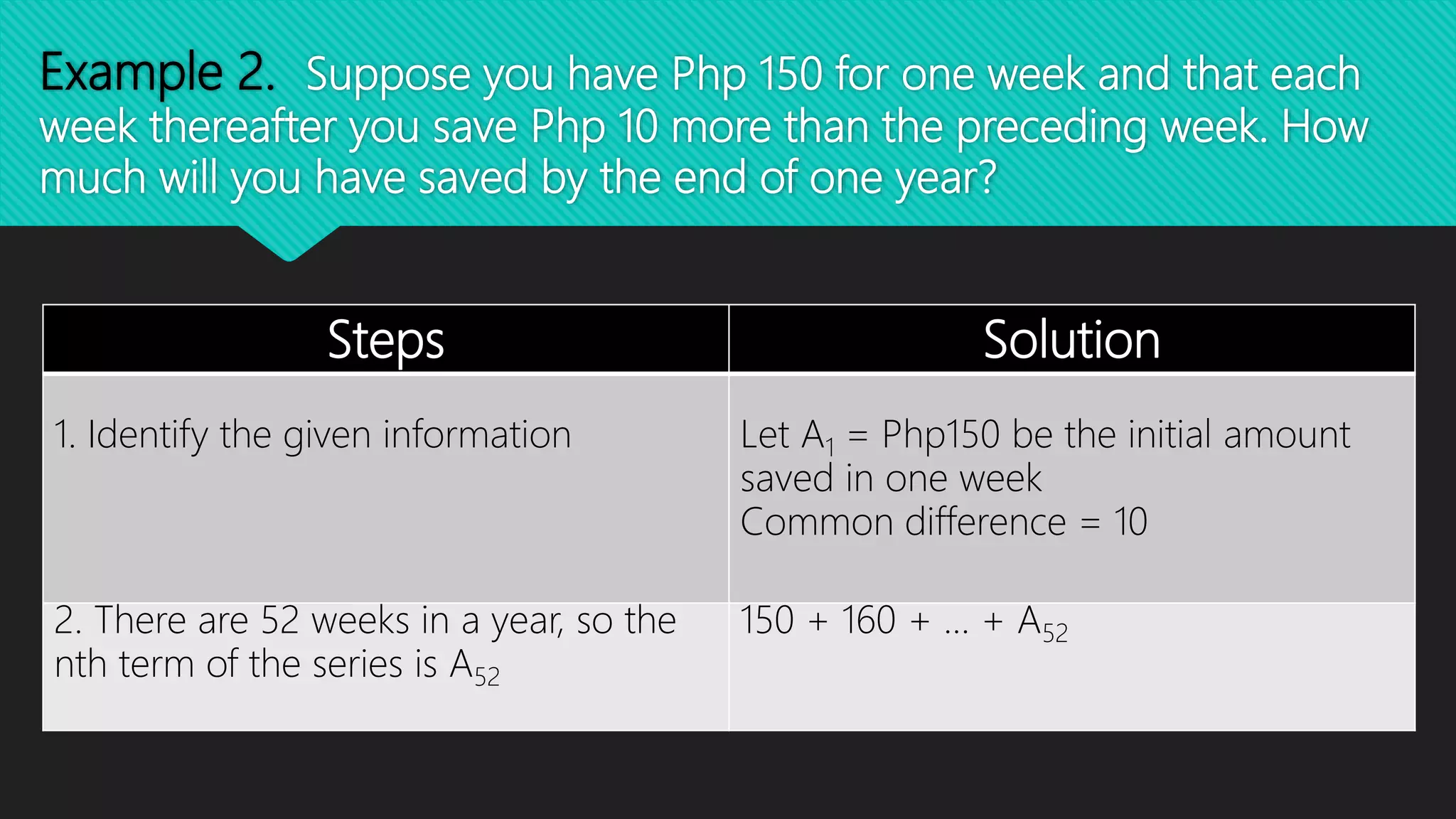 Problem solving involving arithmetic sequences and series | PPTX