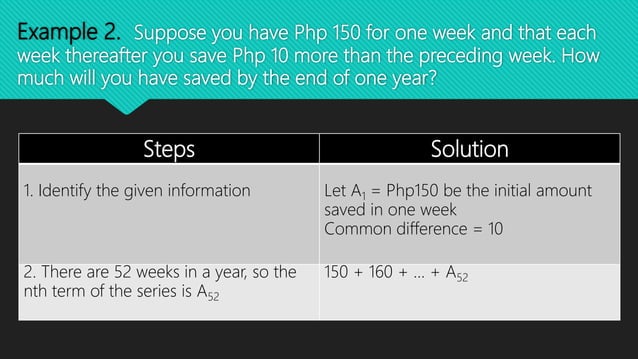 Problem solving involving arithmetic sequences and series | PPTX