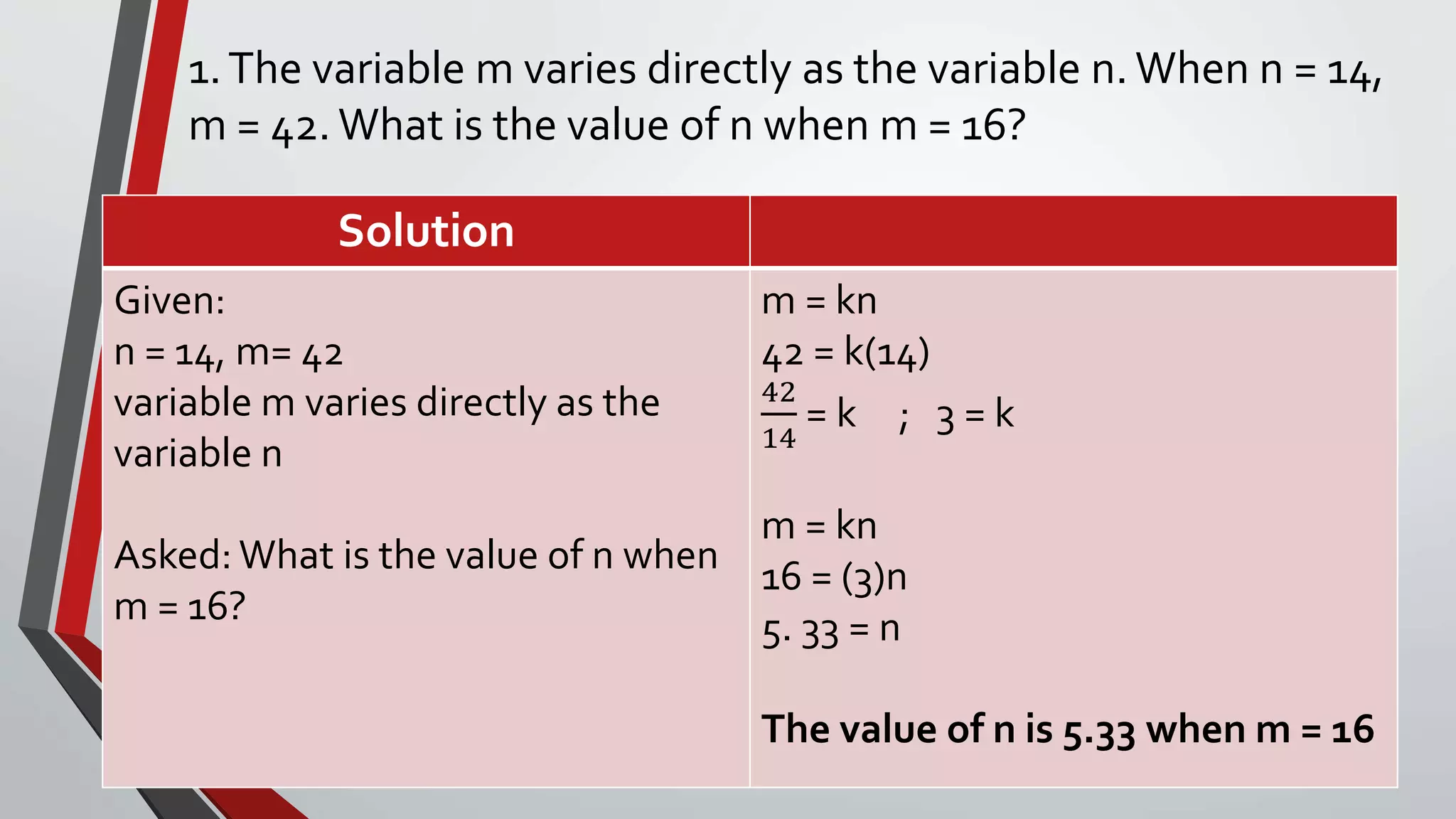 Problem solving involving direct and inverse variation | PPTX