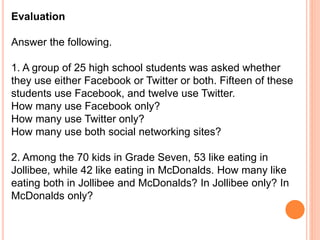 Evaluation
Answer the following.
1. A group of 25 high school students was asked whether
they use either Facebook or Twitter or both. Fifteen of these
students use Facebook, and twelve use Twitter.
How many use Facebook only?
How many use Twitter only?
How many use both social networking sites?
2. Among the 70 kids in Grade Seven, 53 like eating in
Jollibee, while 42 like eating in McDonalds. How many like
eating both in Jollibee and McDonalds? In Jollibee only? In
McDonalds only?
 