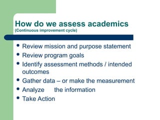 How do we assess academics
(Continuous improvement cycle)
 Review mission and purpose statement
 Review program goals
 Identify assessment methods / intended
outcomes
 Gather data – or make the measurement
 Analyze the information
 Take Action
 