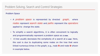 Problem Solving, Search and Control Strategies
Problem Space
• A problem space is represented by directed graph, where
nodes represent search state and paths represent the operators
applied to change the state.
• To simplify a search algorithms, it is often convenient to logically
and programmatically represent a problem space as a tree.
• A tree usually decreases the complexity of a search at a cost. Here,
the cost is due to duplicating some nodes on the tree that were
linked numerous times in the graph; e.g., node B and node D shown
in example below.
 
