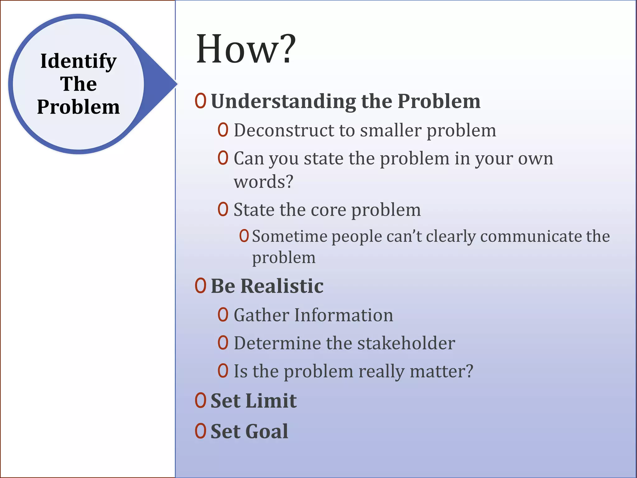Identify   How?
  The
Problem    0 Understanding the Problem
             0 Deconstruct to smaller problem
             0 Can you state the problem in your own
               words?
             0 State the core problem
                0 Sometime people can’t clearly communicate the
                 problem
           0 Be Realistic
              0 Gather Information
              0 Determine the stakeholder
              0 Is the problem really matter?
           0 Set Limit
           0 Set Goal
 