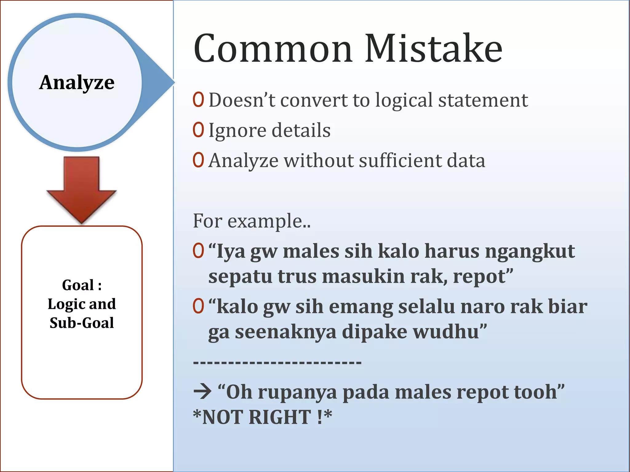 Common Mistake
Analyze
            0 Doesn’t convert to logical statement
            0 Ignore details
            0 Analyze without sufficient data


            For example..
            0 “Iya gw males sih kalo harus ngangkut
  Goal :      sepatu trus masukin rak, repot”
Logic and   0 “kalo gw sih emang selalu naro rak biar
Sub-Goal
              ga seenaknya dipake wudhu”
            ------------------------
             “Oh rupanya pada males repot tooh”
            *NOT RIGHT !*
 