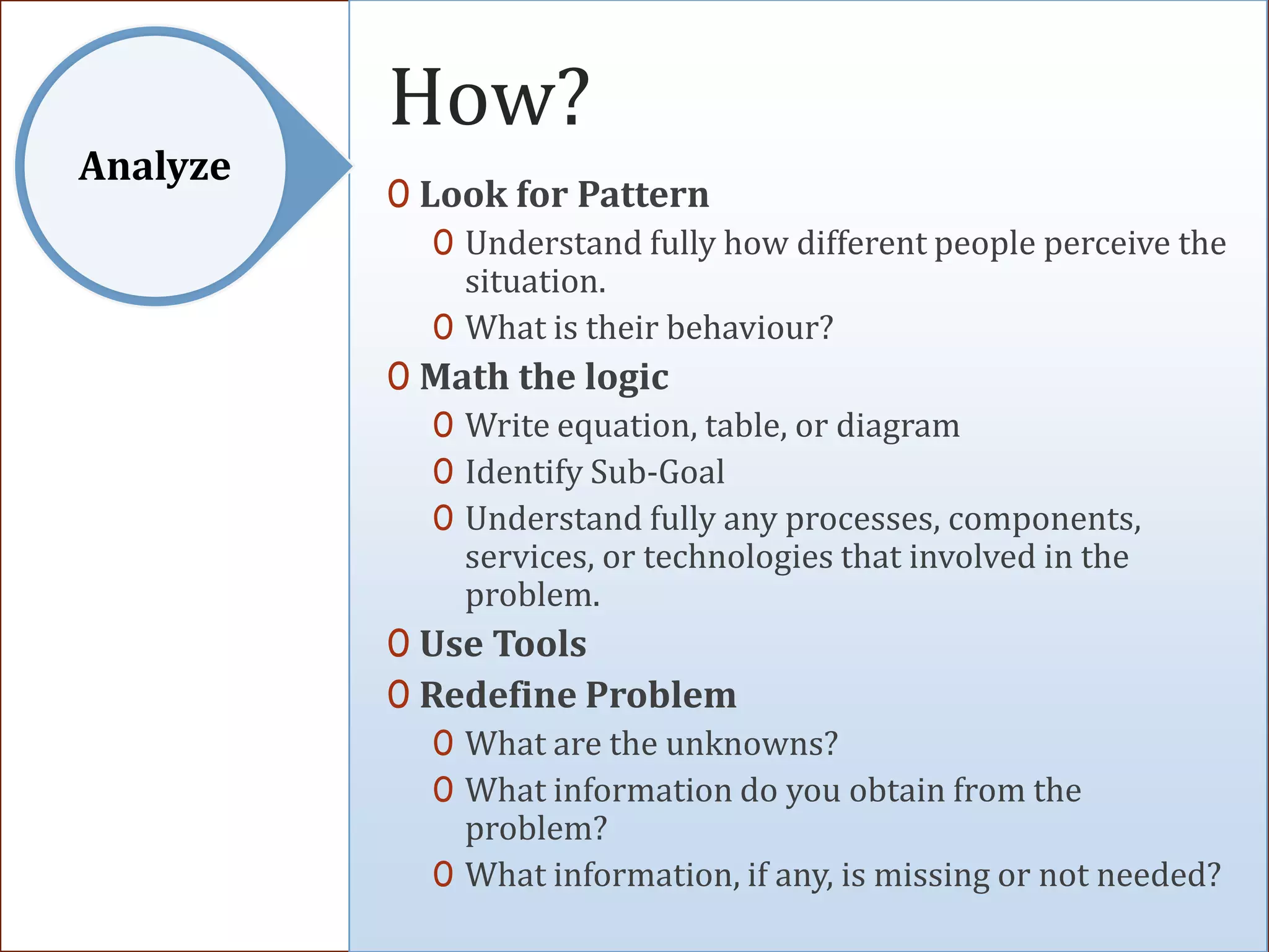 How?
Analyze
          0 Look for Pattern
             0 Understand fully how different people perceive the
               situation.
             0 What is their behaviour?
          0 Math the logic
             0 Write equation, table, or diagram
             0 Identify Sub-Goal
             0 Understand fully any processes, components,
               services, or technologies that involved in the
               problem.
          0 Use Tools
          0 Redefine Problem
             0 What are the unknowns?
             0 What information do you obtain from the
               problem?
             0 What information, if any, is missing or not needed?
 