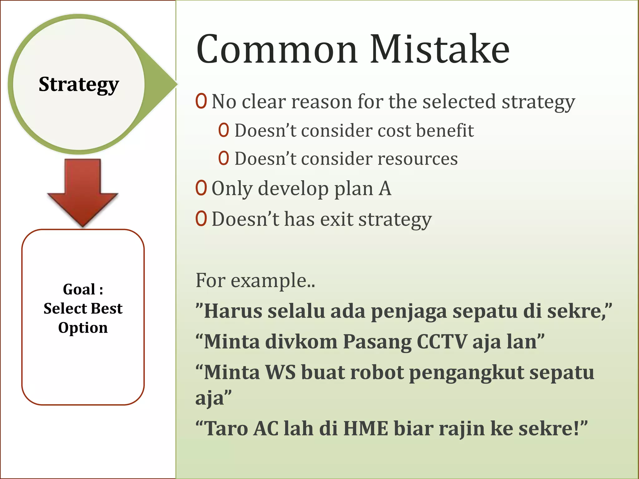 Common Mistake
Strategy
              0 No clear reason for the selected strategy
                 0 Doesn’t consider cost benefit
                 0 Doesn’t consider resources
              0 Only develop plan A
              0 Doesn’t has exit strategy


  Goal :      For example..
Select Best   ”Harus selalu ada penjaga sepatu di sekre,”
  Option
              “Minta divkom Pasang CCTV aja lan”
              “Minta WS buat robot pengangkut sepatu
              aja”
              “Taro AC lah di HME biar rajin ke sekre!”
 