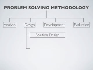 PROBLEM SOLVING METHODOLOGY


Analysis   Design        Development   Evaluation

                    Solution Design
 