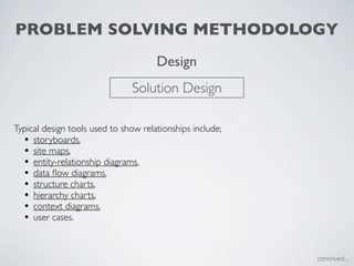 PROBLEM SOLVING METHODOLOGY
                                      Design
                               Solution Design

Typical design tools used to show relationships include;
  • storyboards,
  • site maps,
  • entity-relationship diagrams,
  • data ﬂow diagrams,
  • structure charts,
  • hierarchy charts,
  • context diagrams,
  • user cases.


                                                           continued...
 