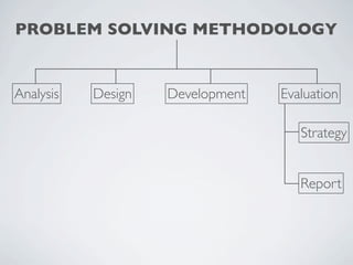 PROBLEM SOLVING METHODOLOGY


Analysis   Design   Development   Evaluation

                                     Strategy


                                     Report
 