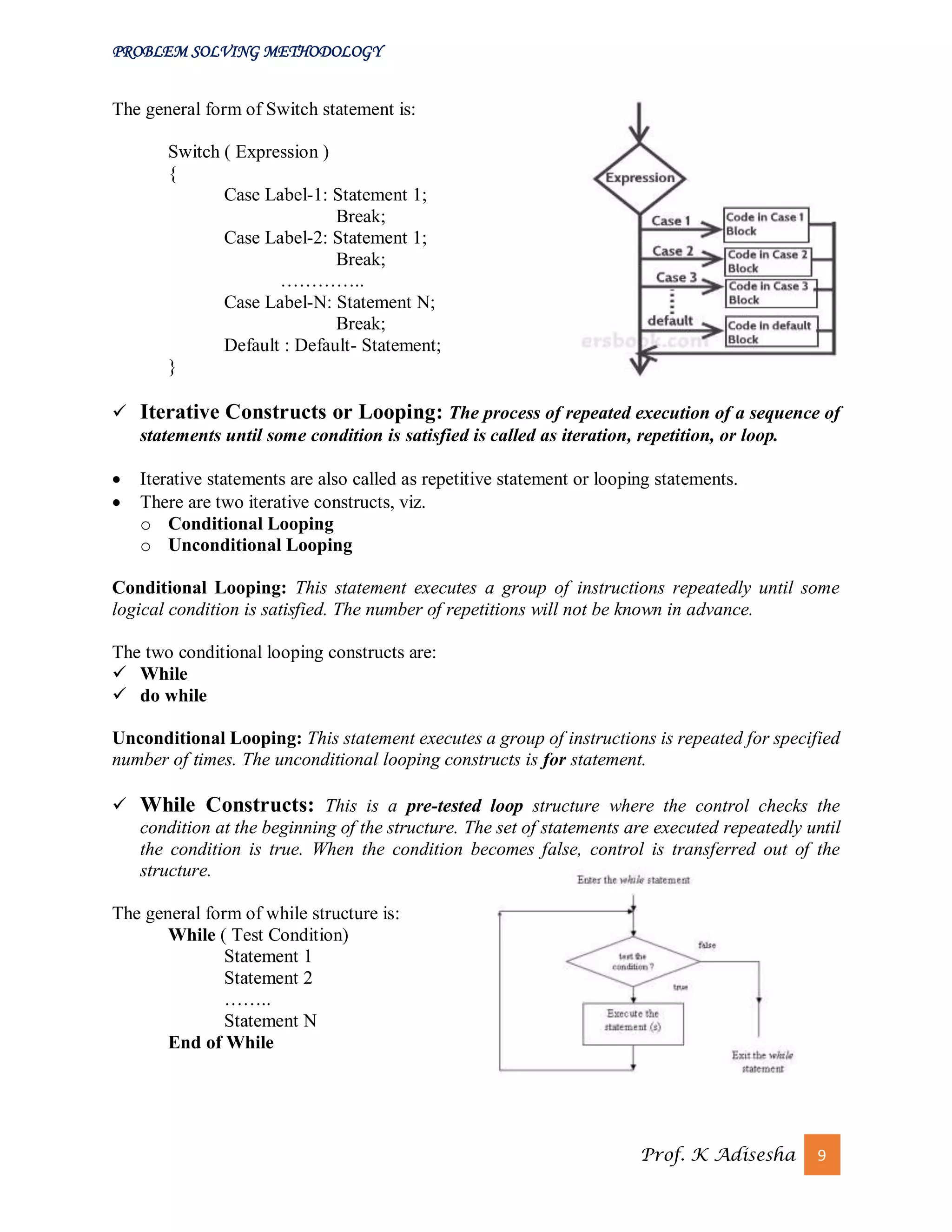 PROBLEM SOLVING METHODOLOGY
Prof. K Adisesha 9
The general form of Switch statement is:
Switch ( Expression )
{
Case Label-1: Statement 1;
Break;
Case Label-2: Statement 1;
Break;
…………..
Case Label-N: Statement N;
Break;
Default : Default- Statement;
}
 Iterative Constructs or Looping: The process of repeated execution of a sequence of
statements until some condition is satisfied is called as iteration, repetition, or loop.
 Iterative statements are also called as repetitive statement or looping statements.
 There are two iterative constructs, viz.
o Conditional Looping
o Unconditional Looping
Conditional Looping: This statement executes a group of instructions repeatedly until some
logical condition is satisfied. The number of repetitions will not be known in advance.
The two conditional looping constructs are:
 While
 do while
Unconditional Looping: This statement executes a group of instructions is repeated for specified
number of times. The unconditional looping constructs is for statement.
 While Constructs: This is a pre-tested loop structure where the control checks the
condition at the beginning of the structure. The set of statements are executed repeatedly until
the condition is true. When the condition becomes false, control is transferred out of the
structure.
The general form of while structure is:
While ( Test Condition)
Statement 1
Statement 2
……..
Statement N
End of While
 
