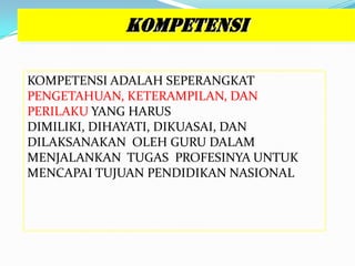 KOMPETENSI

KOMPETENSI ADALAH SEPERANGKAT
PENGETAHUAN, KETERAMPILAN, DAN
PERILAKU YANG HARUS
DIMILIKI, DIHAYATI, DIKUASAI, DAN
DILAKSANAKAN OLEH GURU DALAM
MENJALANKAN TUGAS PROFESINYA UNTUK
MENCAPAI TUJUAN PENDIDIKAN NASIONAL
 