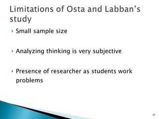 Small sample size Analyzing thinking is very subjective Presence of researcher as students work problems 