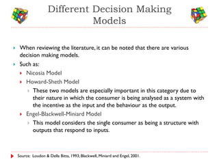 Different Decision Making
                               Models

    When reviewing the literature, it can be noted that there are various
     decision making models.
    Such as:
      Nicosia Model
      Howard-Sheth Model
         These two models are especially important in this category due to
          their nature in which the consumer is being analysed as a system with
          the incentive as the input and the behaviour as the output.
      Engel-Blackwell-Miniard Model
         This model considers the single consumer as being a structure with
          outputs that respond to inputs.



    Source: Loudon & Della Bitta, 1993; Blackwell, Miniard and Engel, 2001.
 