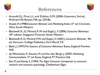 References
   Arnould, E.J., Price, L.L. and Zinkhan, G.M. (2004) Consumers, 2nd ed.,
    McGraw-Hill, Boston, MA, pp. 229-86.
   Assael, H.(1998)Consumer Behavior and Marketing Action. 6th ed. Cincinatti,
    Ohio: South-Western
   Blackwell, R., D., Miniard, P., W. and Engel, J., F. (2006) Consumer Behaviour.
    10th edition. Singapore: Thomson South-Western.
   Blackwell, R. D., Miniard, P. W. and Engel, J. F. (2001), Consumer Behavior, 9th
    ed. Harcourt. College Publishers, Fort Worth, TX.
   Blyth, J. (1997)The Essence of Consumer Behaviour. Essex, England: Prentice
    Hall.
   de Pelsmacker, P., Geuens, M. and Van den Bergh, J. (2007) Marketing
    Communications. 3rd ed. Essex, England: FT Prentice Hall.
   Earl, P. and Kemp, S. (1999) The Elgar Consumer Companion to consumer
    research and economic psychology. Cheltenham: Elgar.
 