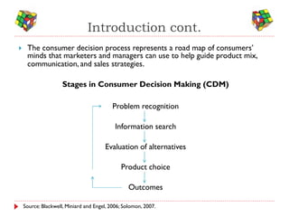 Introduction cont.
    The consumer decision process represents a road map of consumers’
     minds that marketers and managers can use to help guide product mix,
     communication, and sales strategies.

                     Stages in Consumer Decision Making (CDM)

                                           Problem recognition

                                            Information search

                                       Evaluation of alternatives

                                              Product choice

                                                  Outcomes

    Source: Blackwell, Miniard and Engel, 2006; Solomon, 2007.
 