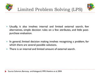 Limited Problem Solving (LPS)


    Usually, it also involves internal and limited external search, few
     alternatives, simple decision rules on a few attributes, and little post-
     purchase evaluation.


    In general, limited decision making involves recognising a problem, for
     which there are several possible solutions.
    There is an internal and limited amount of external search.




    Source: Solomon, Bamossy, and Askegaard,1999; Hawkins et al, 2004.
 