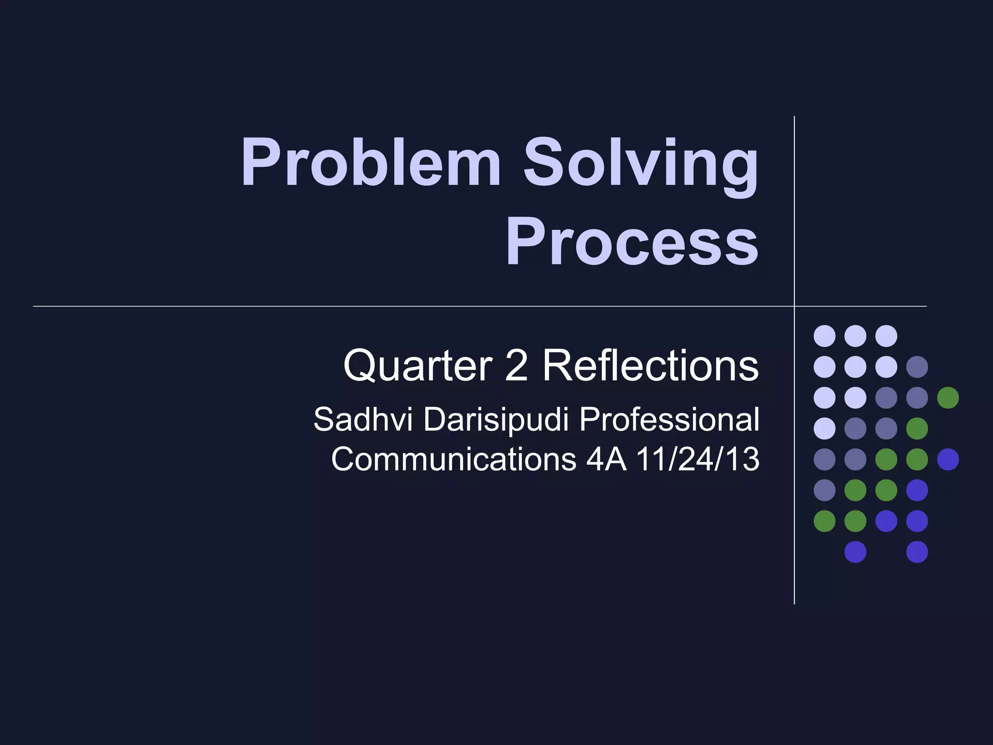 Problem Solving
Process
Quarter 2 Reflections
Sadhvi Darisipudi Professional
Communications 4A 11/24/13

 