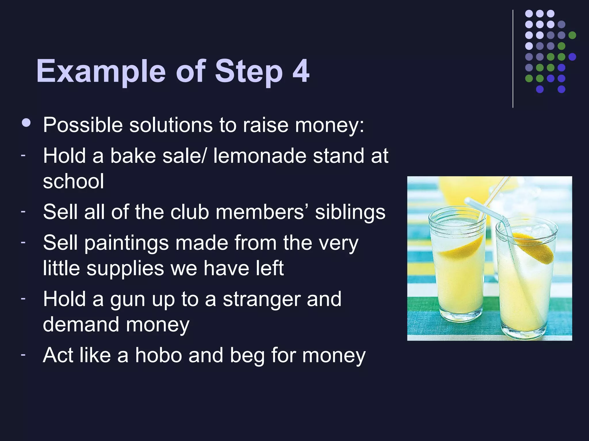 Example of Step 4

-

-

-

-

Possible solutions to raise money:
Hold a bake sale/ lemonade stand at
school
Sell all of the club members’ siblings
Sell paintings made from the very
little supplies we have left
Hold a gun up to a stranger and
demand money
Act like a hobo and beg for money

 
