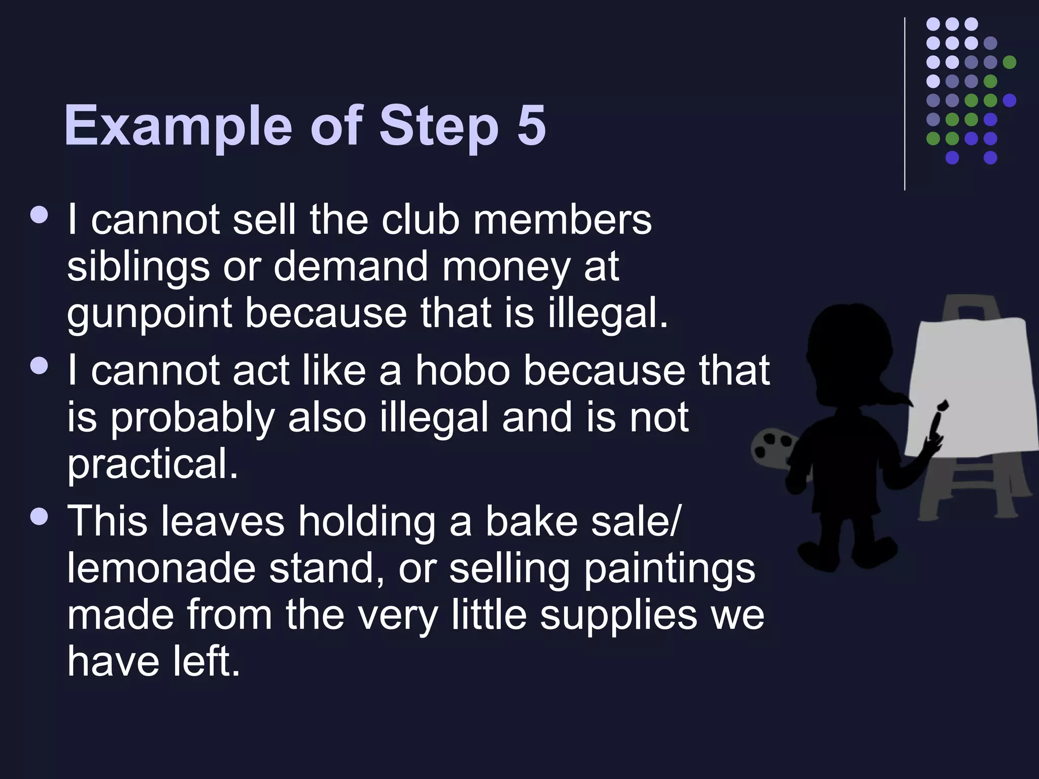 Example of Step 5
I

cannot sell the club members
siblings or demand money at
gunpoint because that is illegal.
 I cannot act like a hobo because that
is probably also illegal and is not
practical.
 This leaves holding a bake sale/
lemonade stand, or selling paintings
made from the very little supplies we
have left.

 