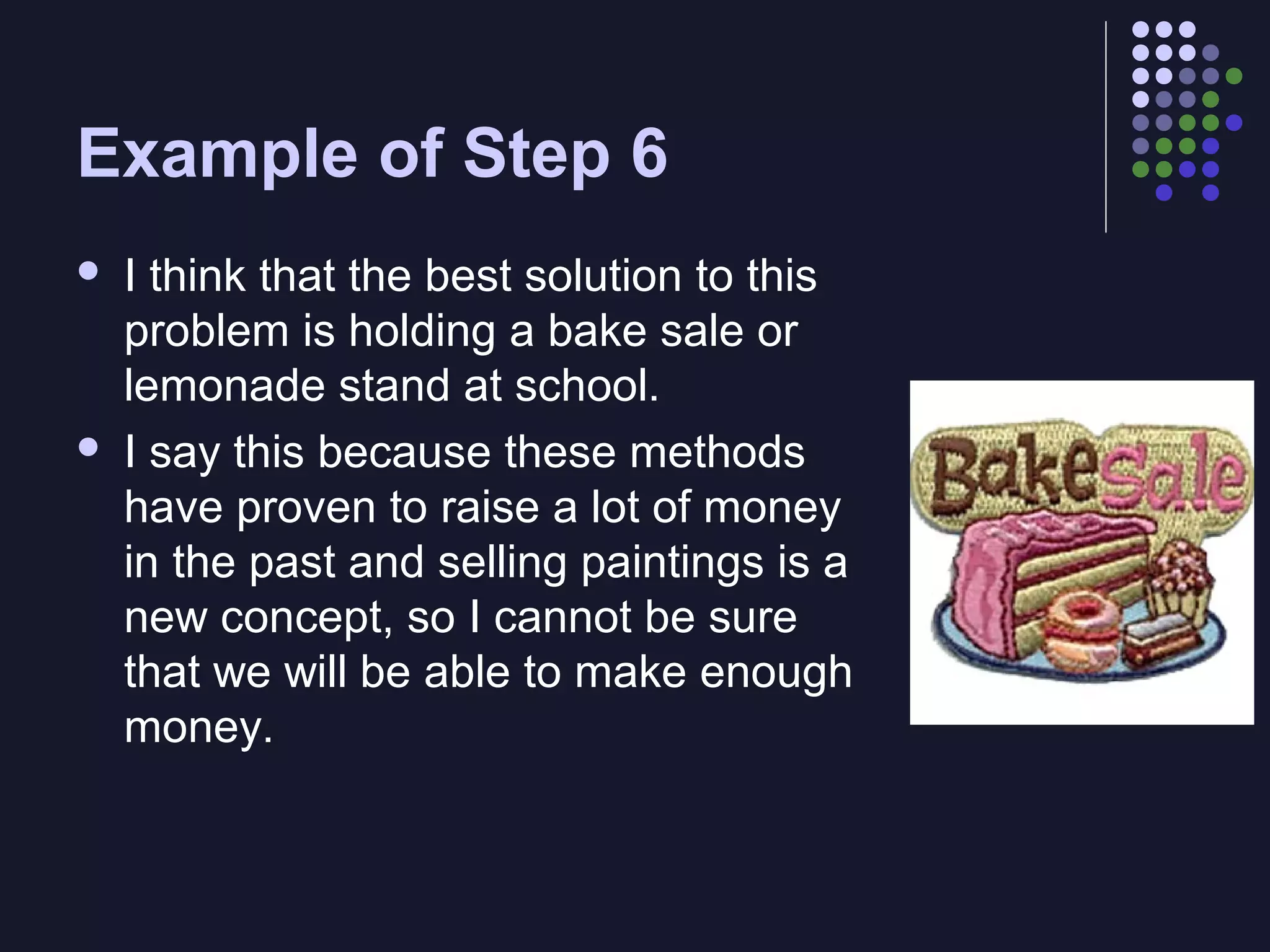 Example of Step 6




I think that the best solution to this
problem is holding a bake sale or
lemonade stand at school.
I say this because these methods
have proven to raise a lot of money
in the past and selling paintings is a
new concept, so I cannot be sure
that we will be able to make enough
money.

 