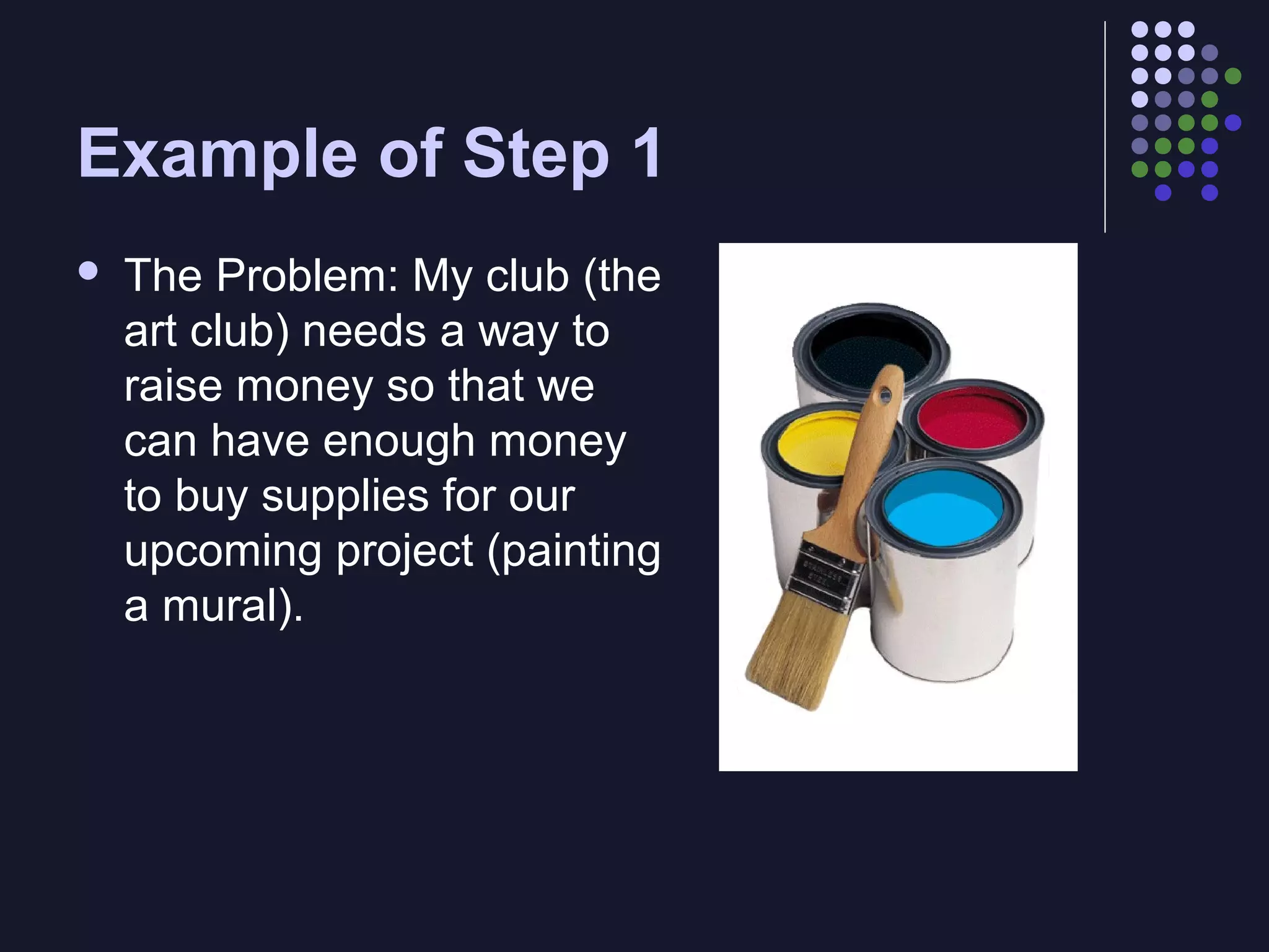 Example of Step 1


The Problem: My club (the
art club) needs a way to
raise money so that we
can have enough money
to buy supplies for our
upcoming project (painting
a mural).

 