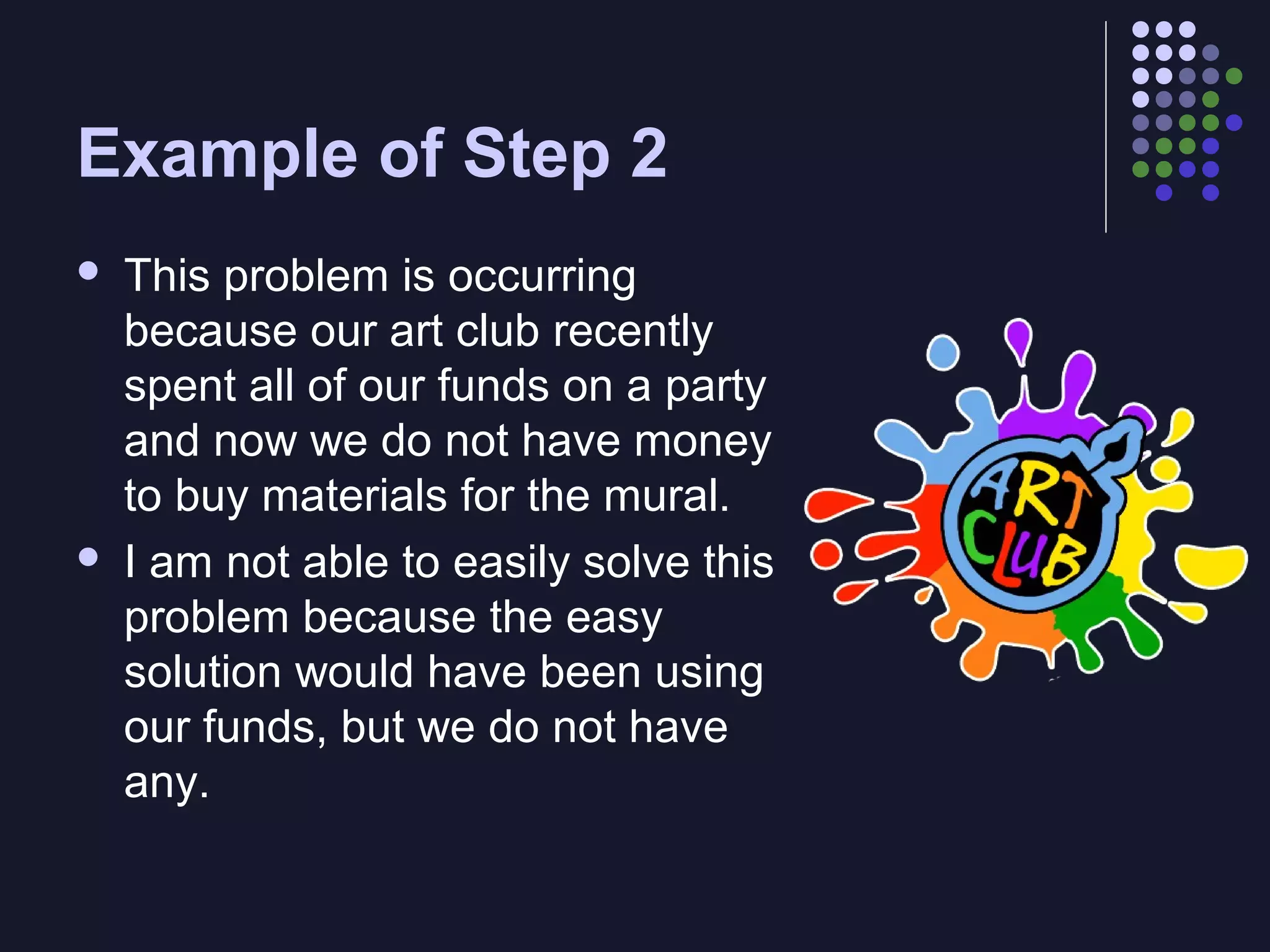 Example of Step 2




This problem is occurring
because our art club recently
spent all of our funds on a party
and now we do not have money
to buy materials for the mural.
I am not able to easily solve this
problem because the easy
solution would have been using
our funds, but we do not have
any.

 