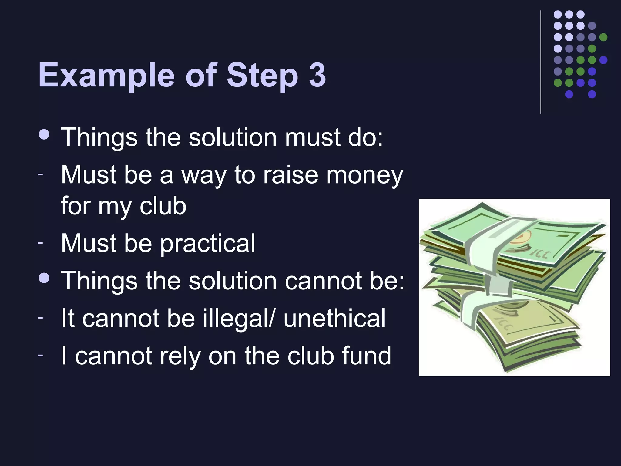 Example of Step 3
 Things

the solution must do:
- Must be a way to raise money
for my club
- Must be practical
 Things the solution cannot be:
- It cannot be illegal/ unethical
- I cannot rely on the club fund

 