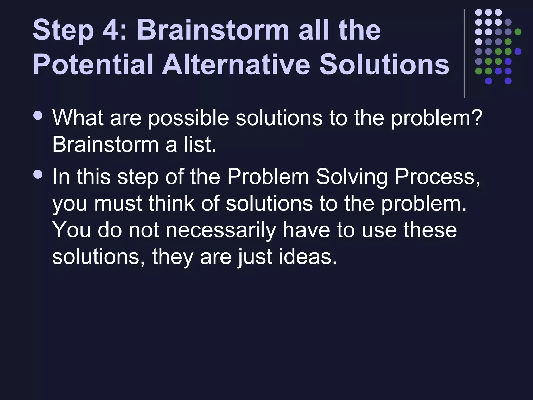 Step 4: Brainstorm all the
Potential Alternative Solutions
 What

are possible solutions to the problem?
Brainstorm a list.
 In this step of the Problem Solving Process,
you must think of solutions to the problem.
You do not necessarily have to use these
solutions, they are just ideas.

 