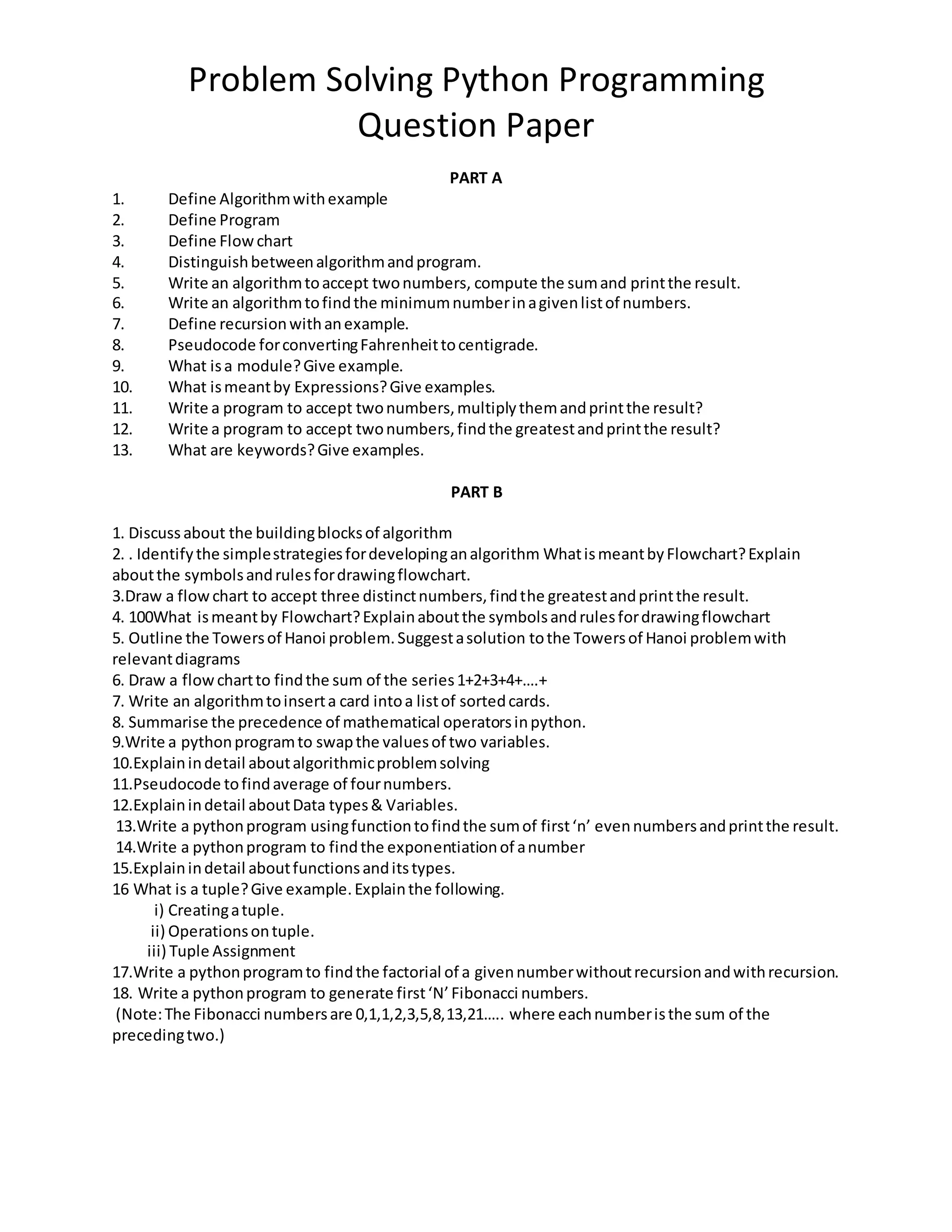 Problem solving python programming qp | PDF