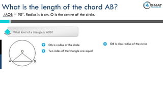 What kind of a triangle is AOB?
What is the length of the chord AB?
/AOB = 90°. Radius is 6 cm. O is the centre of the circle.
· OA is radius of the circle · OB is also radius of the circle
Two sides of the triangle are equal·
 