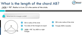What kind of a triangle is AOB?
What is the length of the chord AB?
/AOB = 90°. Radius is 6 cm. O is the centre of the circle.
· OA is radius of the circle · OB is also radius of the circle
Two sides of the triangle are equal· Triangle AOB is isosceles
/AOB = 90°. So, AOB is a right
triangle
 