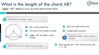 What kind of a triangle is AOB?
Ratio of the sides of a right isosceles triangle
What is the length of the chord AB?
/AOB = 90°. Radius is 6 cm. O is the centre of the circle.
· OA is radius of the circle · OB is also radius of the circle
Two sides of the triangle are equal· Triangle AOB is isosceles
/AOB = 90°. So, AOB is a right
triangle
Therefore, AOB is a right isosceles
triangle
Sides opposite 450 – 450 – 900 are in the ratio
1 : 1 : 2
 
