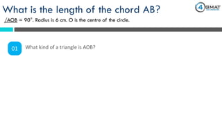 What is the length of the chord AB?
/AOB = 90°. Radius is 6 cm. O is the centre of the circle.
01 What kind of a triangle is AOB?
 