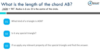What is the length of the chord AB?
/AOB = 90°. Radius is 6 cm. O is the centre of the circle.
01 What kind of a triangle is AOB?
02 Is it any special triangle?
03 If so apply any relevant property of the special triangle and find the answer.
 