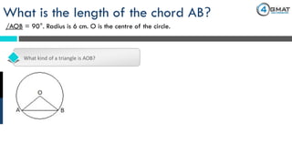What kind of a triangle is AOB?
What is the length of the chord AB?
/AOB = 90°. Radius is 6 cm. O is the centre of the circle.
 