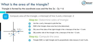 What is the area of the triangle?
Triangle is formed by the coordinate axes and the line 2x - 3y = 6
02 Compute area of the triangle. x intercept of line 3 and y intercept -2
Step 02 : Determine sides of triangle
(3, 0)
(0, -2)
Join the x and y intercepts to plot the line.
OAB is the triangle whose area has to be determined.
O
A
B
OB, another side of the triangle is the y intercept of the line = 2 units
Step 03 : Compute the area
Triangle OAB is a right triangle and its perpendicular sides measure 2 and 3 units.
OA, one of the sides of the right triangle is the x intercept of the line = 3 units
 