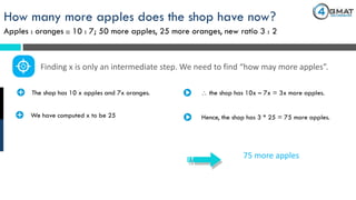 How many more apples does the shop have now?
Apples : oranges :: 10 : 7; 50 more apples, 25 more oranges, new ratio 3 : 2
75 more apples
· The shop has 10 x apples and 7x oranges.
Finding x is only an intermediate step. We need to find “how may more apples”.
 the shop has 10x – 7x = 3x more apples.
· We have computed x to be 25 Hence, the shop has 3 * 25 = 75 more apples.
 