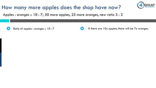 Apples : oranges :: 10 : 7; 50 more apples, 25 more oranges, new ratio 3 : 2
How many more apples does the shop have now?
· Ratio of apples : oranges :: 10 : 7 If there are 10x apples, there will be 7x oranges.
 
