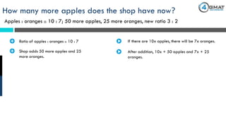Apples : oranges :: 10 : 7; 50 more apples, 25 more oranges, new ratio 3 : 2
How many more apples does the shop have now?
· Ratio of apples : oranges :: 10 : 7 If there are 10x apples, there will be 7x oranges.
· Shop adds 50 more apples and 25
more oranges.
After addition, 10x + 50 apples and 7x + 25
oranges.
 